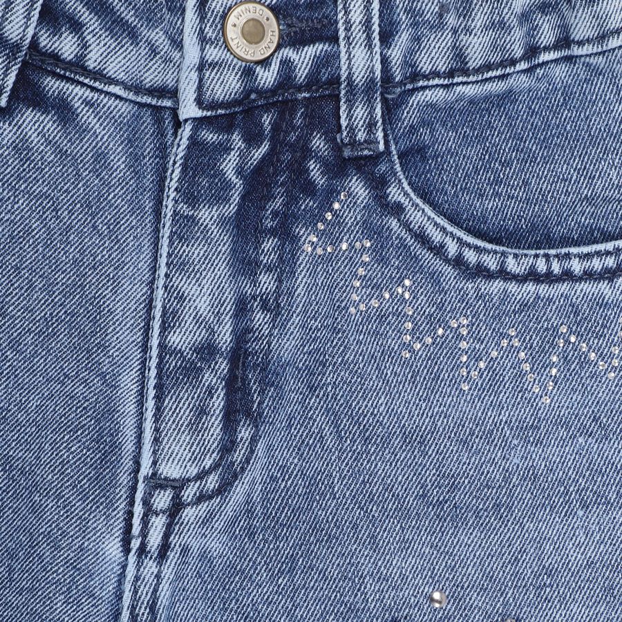 Girls' Stonewashed Blue Wide Leg Buttoned Jeans, Mid Blue, large image number null