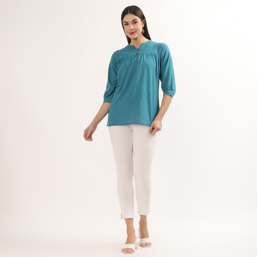 Women's Deep Midnight Blue Cotton Round Neck Floral Printed Kurti, Mid Blue, large