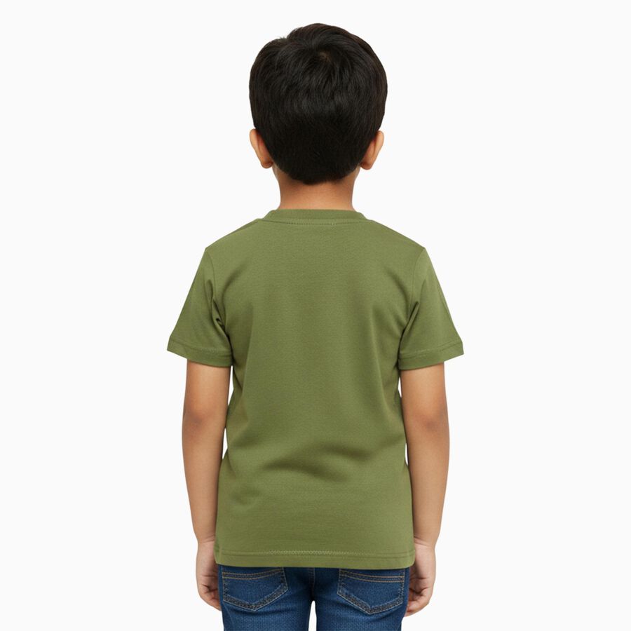 Boys Muted Olive Green Cotton Crew Neck Casual T-Shirt, Olive, large