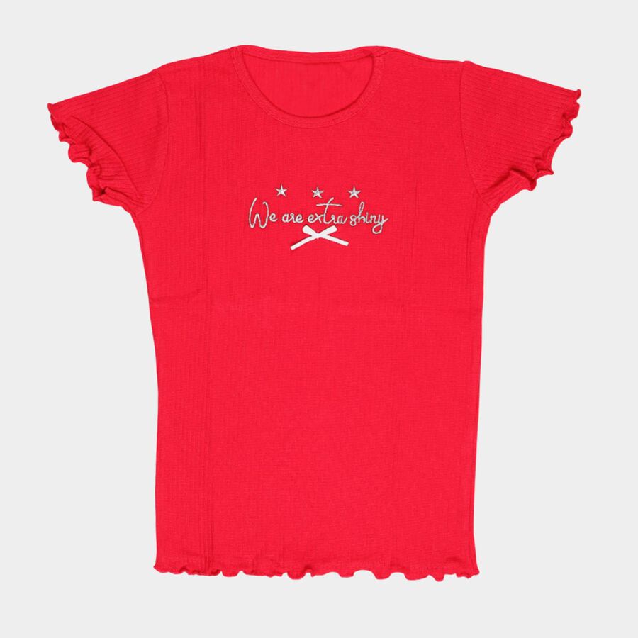 Girls' Fuchsia Cotton Blend Crew Neck Graphic T-Shirt, रानी (फ्यूशिया), large