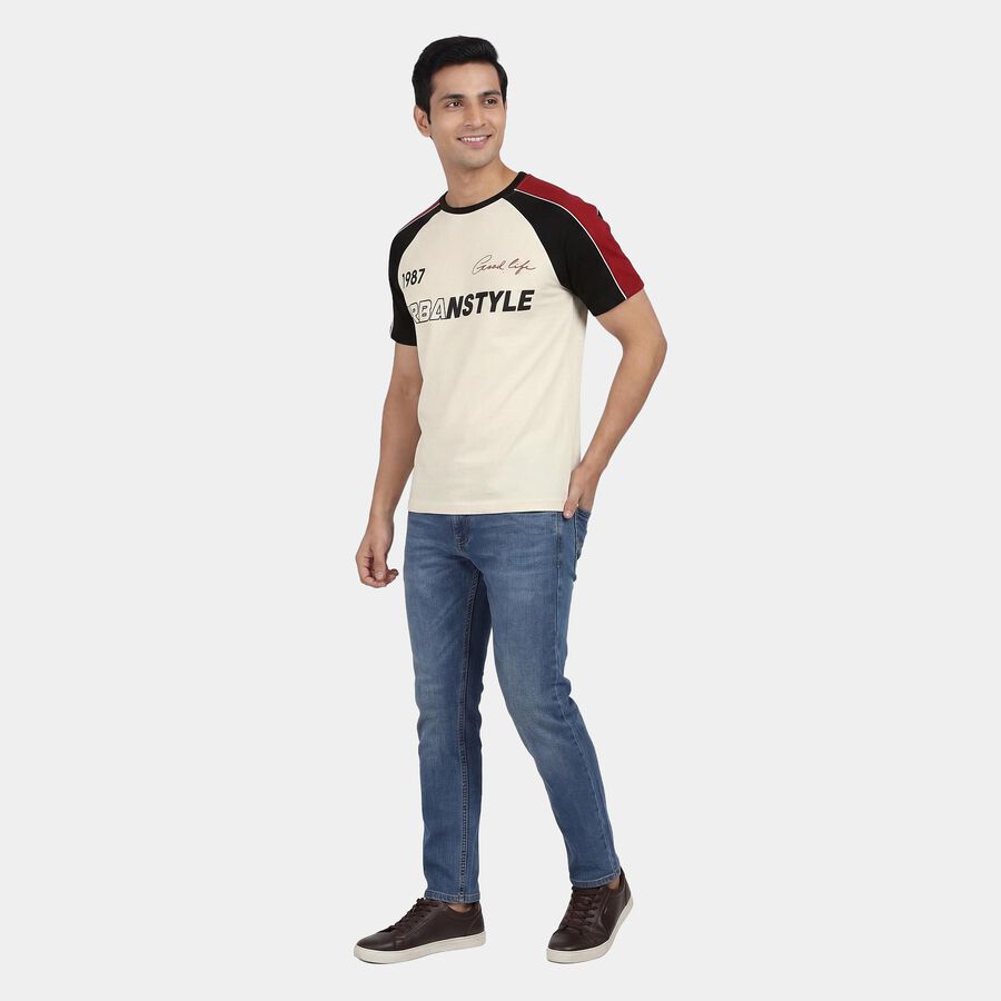 Men's Red Round Neck Casual Printed T-Shirt, लाल, large