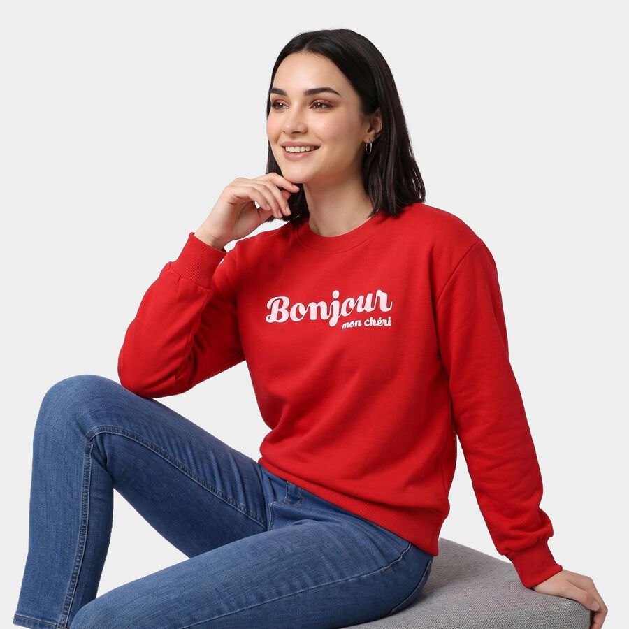 Women Red Crew Neck Pullover Sweatshirt, लाल, large
