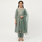 Girls Muted Sage Green Cotton Embroidered Kurta and Pants Fusion Set, Light Green, small image number null