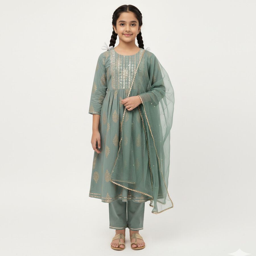 Girls Muted Sage Green Cotton Embroidered Kurta and Pants Fusion Set, Light Green, large image number null