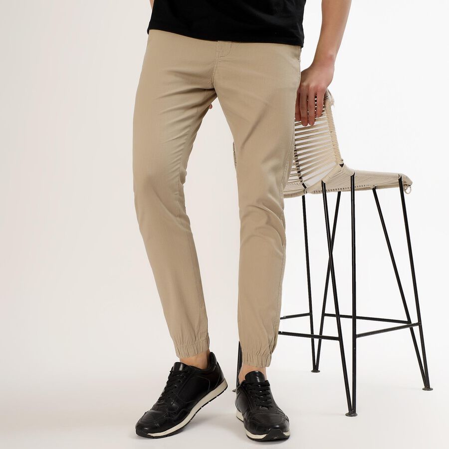 Men's Beige Slim Fit Elasticated Jogger Trousers, गहरा पीला, large
