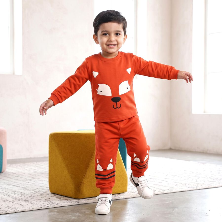 Boys Brown Round Neck Graphic Print Baba Suit, Brown, large