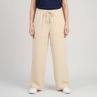 Women's Beige Wide Leg Drawstring Track Pants, Beige, small