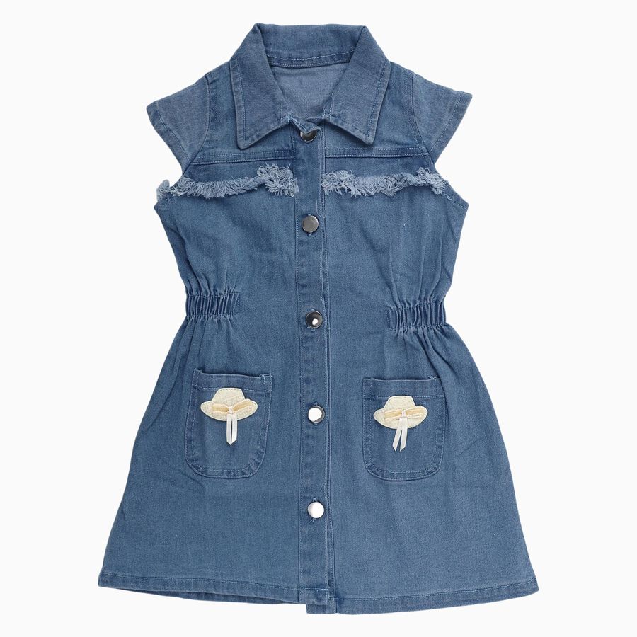 Girls' Light Denim Blue Button-Down Sleeveless Frock, Light Blue, large