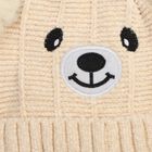 Girls' Cream Bear Embroidered Beanie Cap, Off White, small