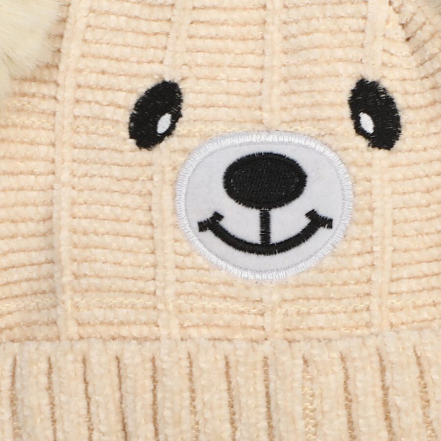 Girls' Cream Bear Embroidered Beanie Cap, Off White, large