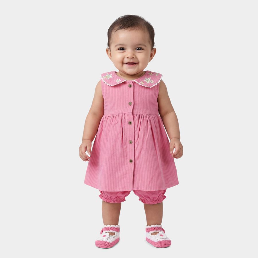 Infants' Pink Cotton Embroidered Collar Sleeveless Frock with Bloomers, Pink, large
