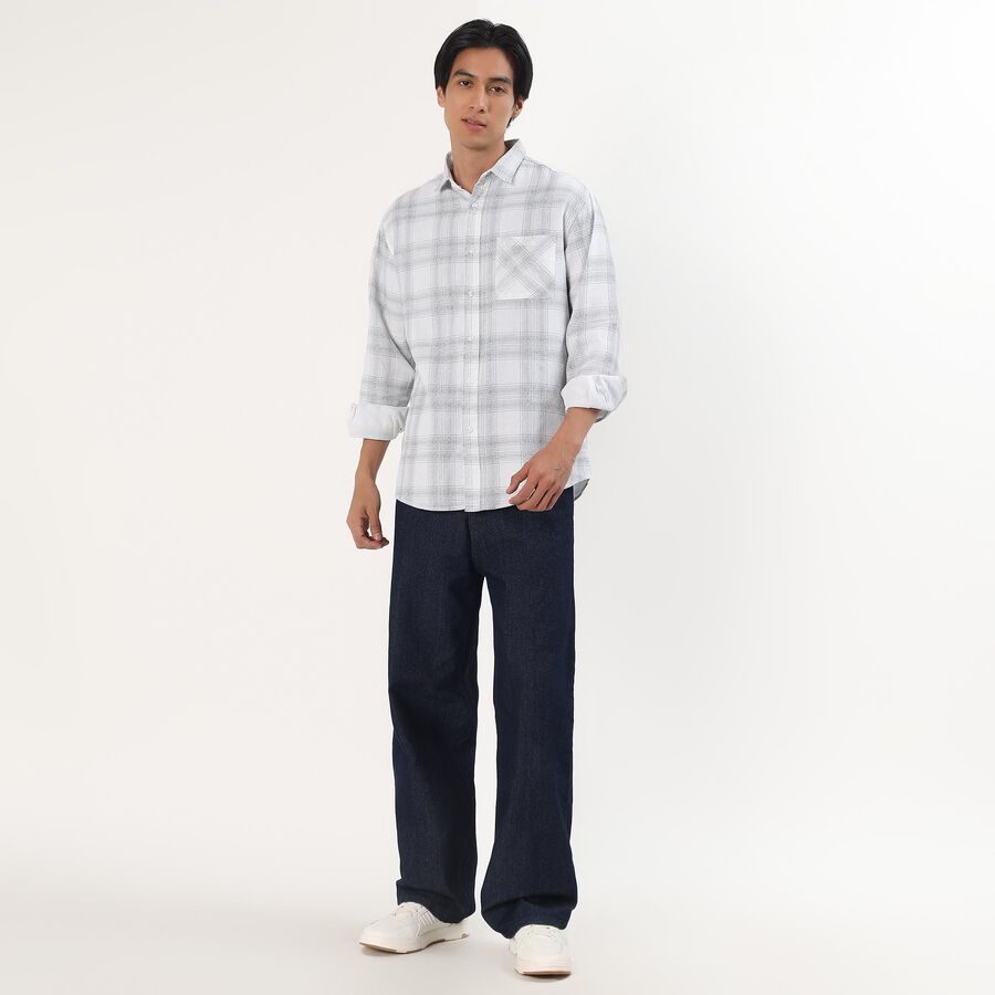 Men's White Cotton Full Sleeve Classic Collar Checkered Shirt, Off White, large