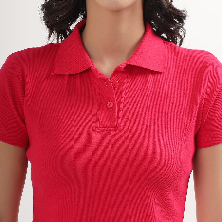 Women's Vibrant Red Polo Neck Ribbed T-Shirt, Fuchsia, large image number null