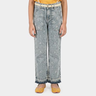 Girls' Light Blue Straight Fit Embroidered Jeans