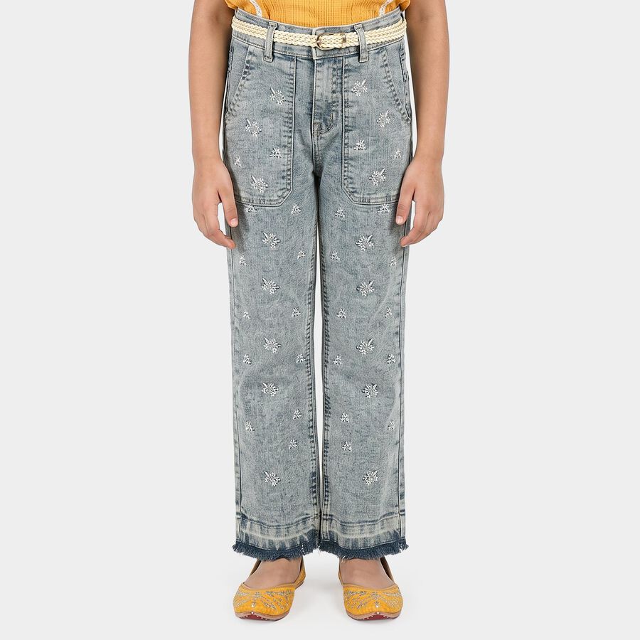 Girls' Light Blue Straight Fit Embroidered Jeans, मध्यम नीला, large