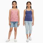 Girls' Pink Printed and Blue Solid Cotton Sleeveless Vest Set, Dark Blue, small image number null