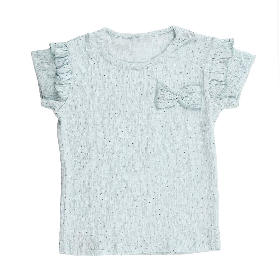 Girls' Light Blue Round Neck Casual Ruffle Sleeve T-Shirt, हल्का नीला, large