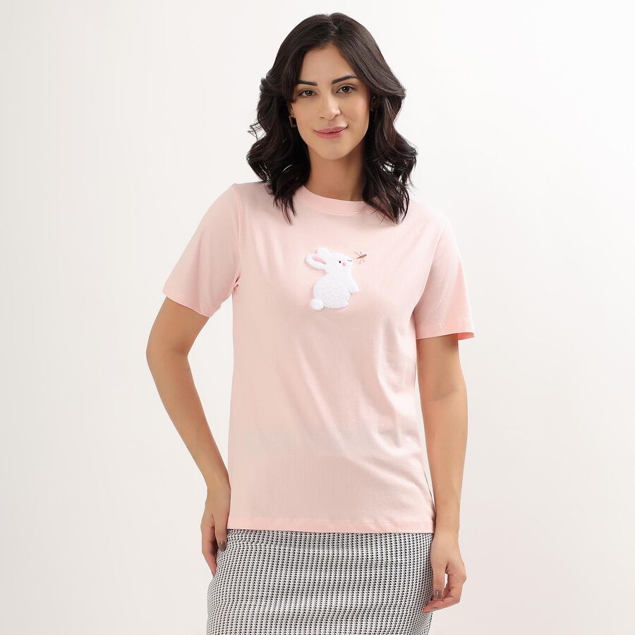 Women's Light Pink Cotton Round Neck T-Shirt, Light Pink, large image number null