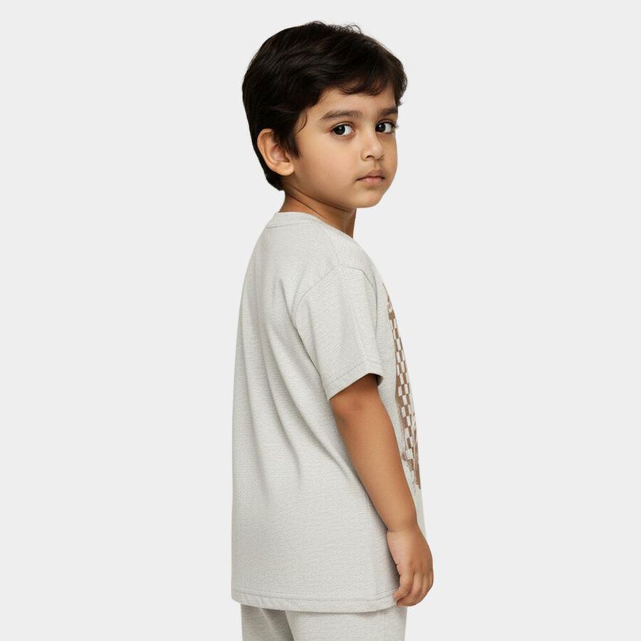 Boys Light Grey Cotton Blend Round Neck Casual T-Shirt, Ecru Melange, large image number null