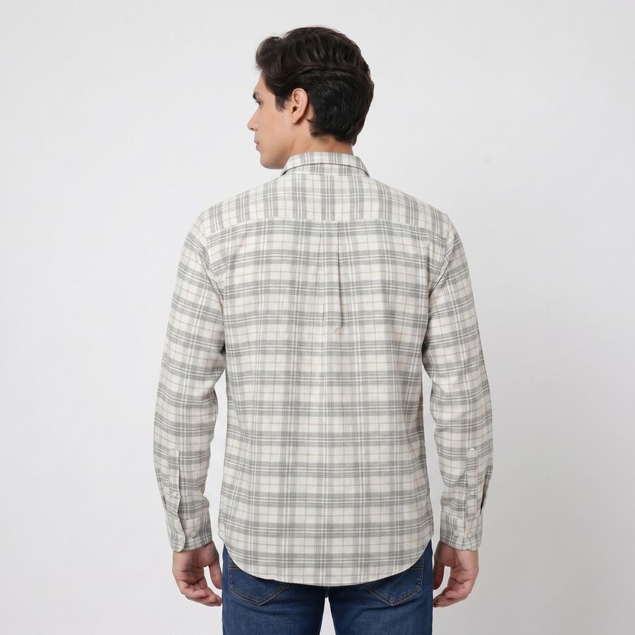 Men's Cream Long Sleeve Checked Regular Fit Casual Shirt, ऑफ व्हाइट, large