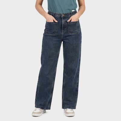 Women's Navy Blue Straight Fit Washed Jeans