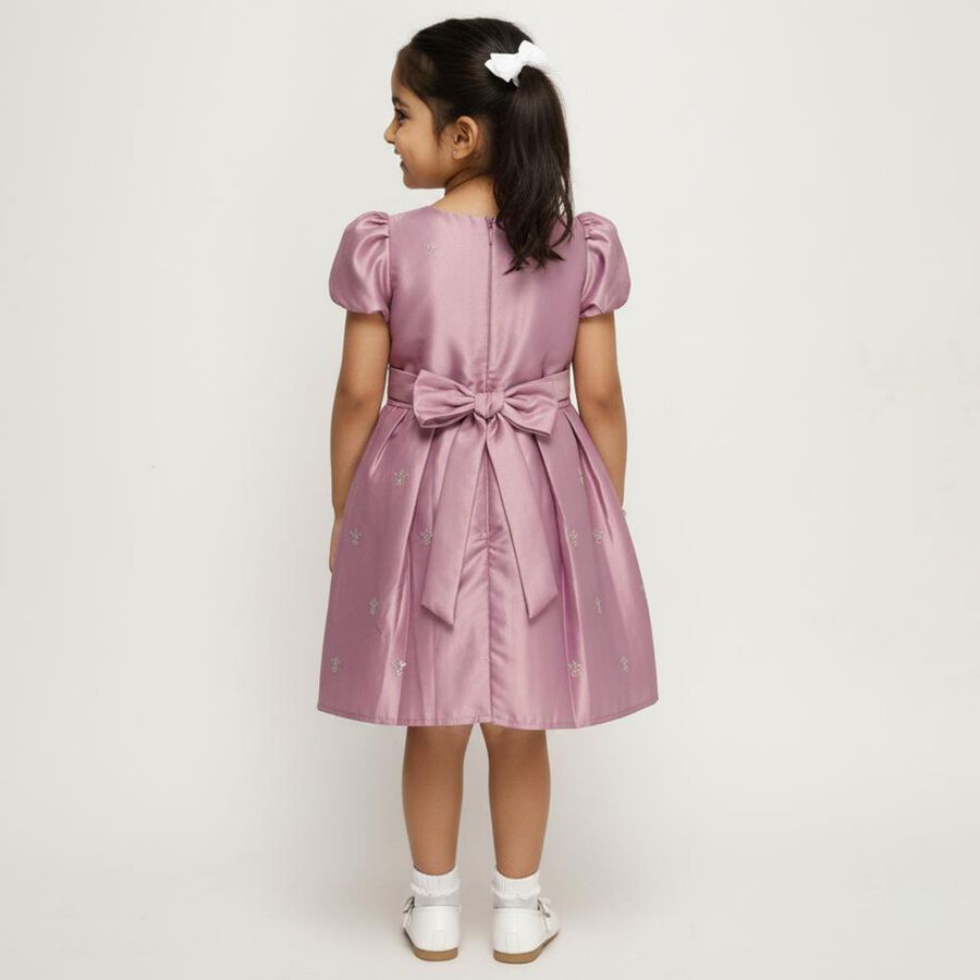 Girls' Light Dusty Pink Puff Sleeve Bow Party Wear Frock, Lilac, large image number null
