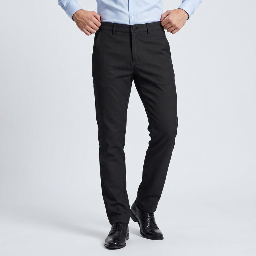 Men's Black Slim Fit Flat-Front Casual Trousers, Black, large