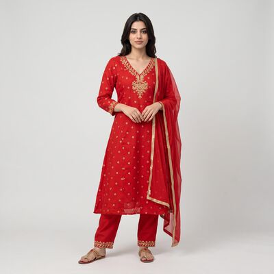Women's Red Embroidered Ethnic Set