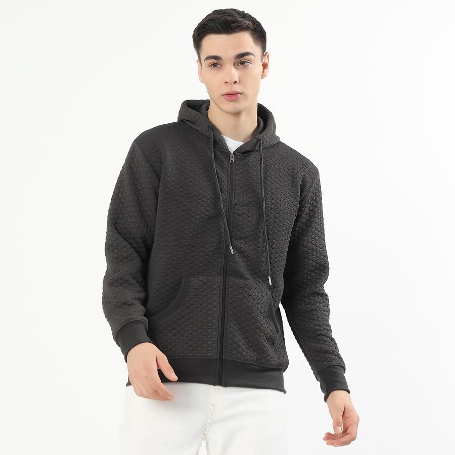Men's Dark Charcoal Grey Hooded Neck Casual Sweatshirt, Dark Grey, large image number null