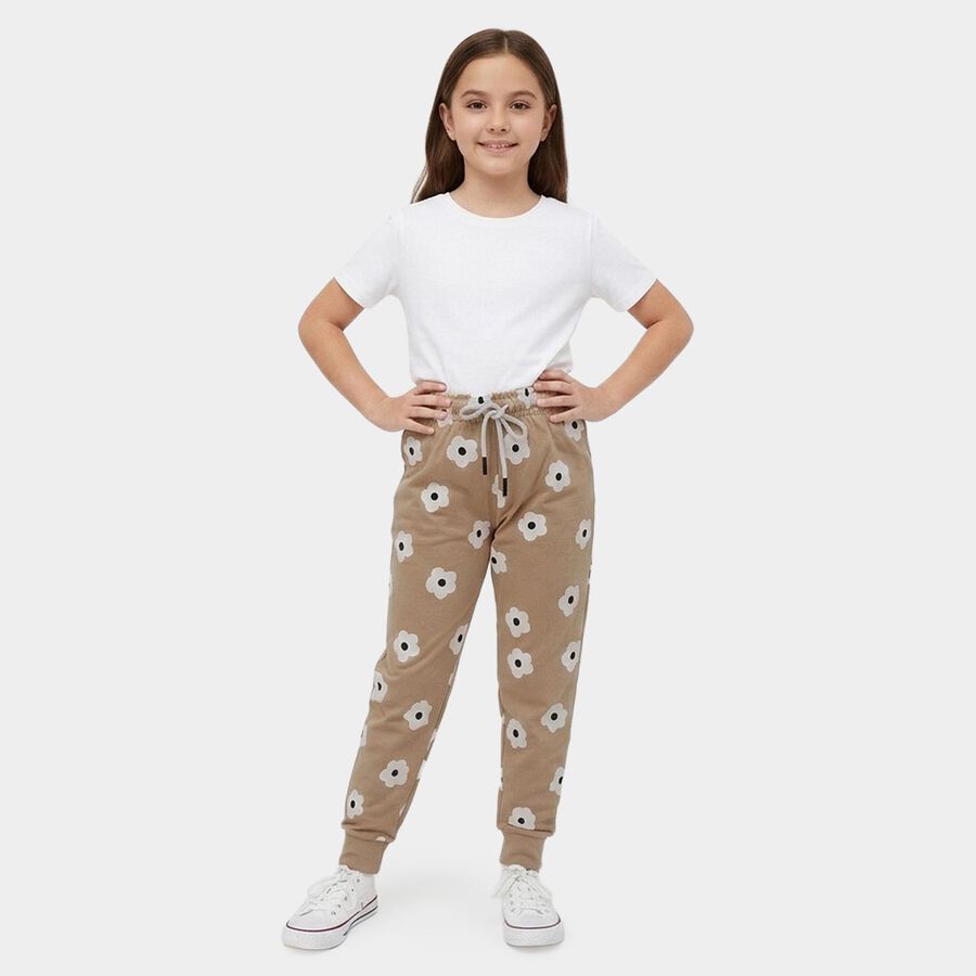 Girls' Beige Regular Fit Printed Pyjama, Beige, large