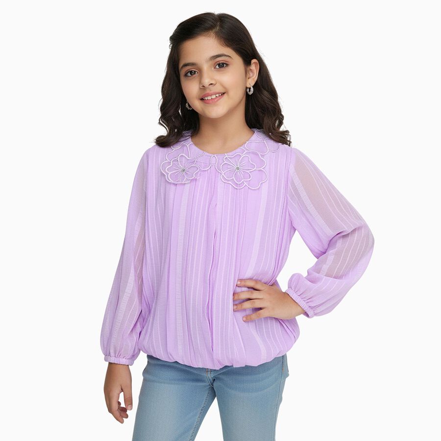 Girls Soft Lavender Peter Pan Collar Casual T-Shirt, Lilac, large image number null