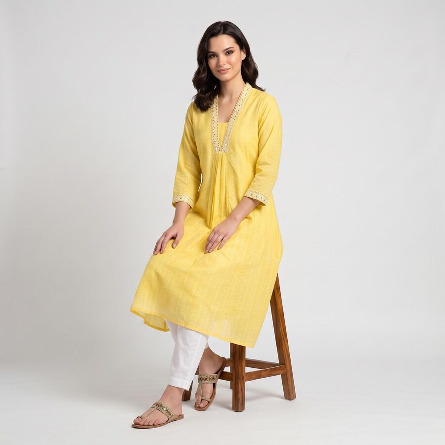 Women's Yellow V-Neck A-Line Kurta, Yellow, large