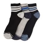 Men's Black and Grey Regular Fit Striped Ankle Socks Pack of 3, Navy Blue, small