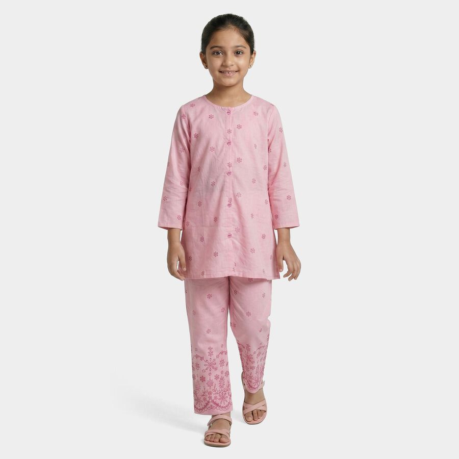 Girls Pink Floral Printed Kurta and Pant Fusion Set, हल्का गुलाबी, large