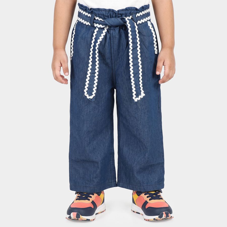 Girls' Navy Blue Wide Leg Paperbag Waist Jeans, गहरा नीला, large