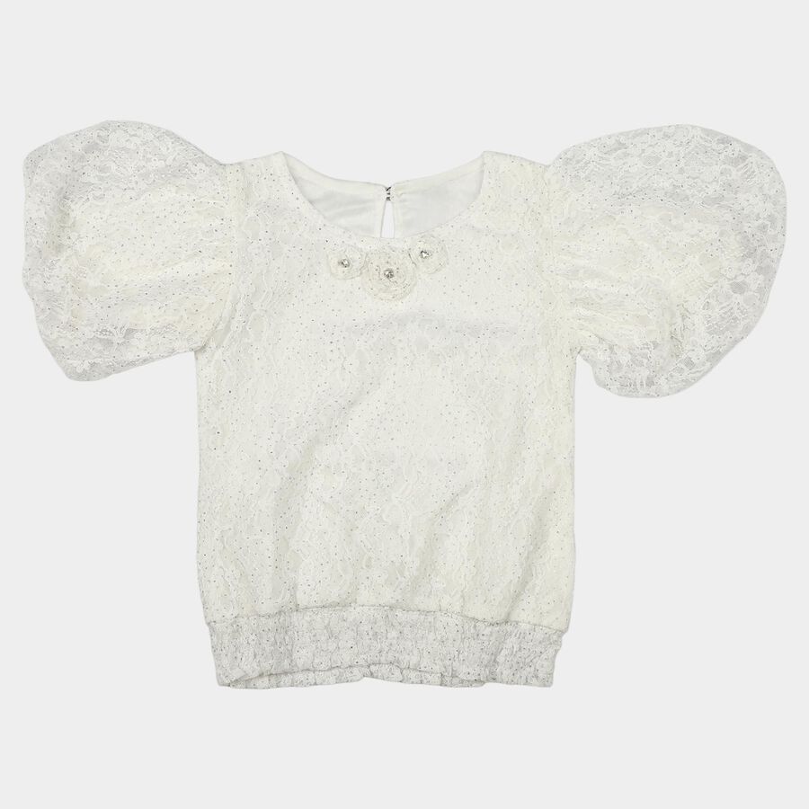 Girls White Round Neck Regular T-Shirt, सफ़ेद, large