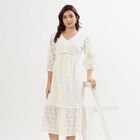 Ladies' Soft Ivory White Cotton V-Neck Empire Dress, ऑफ व्हाइट, small image number null