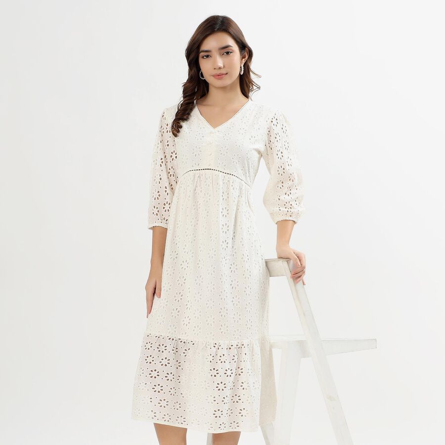 Ladies' Soft Ivory White Cotton V-Neck Empire Dress, ऑफ व्हाइट, large image number null