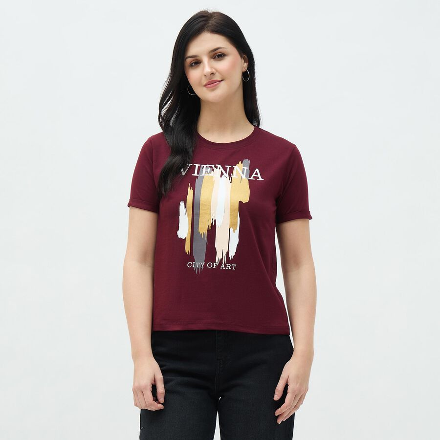 Women's Deep Burgundy Round Neck Casual Printed T-Shirt, वाइन, large