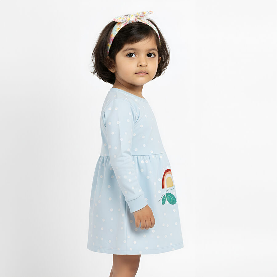 Girls' Light Sky Blue Polka Dot Long Sleeve Frock, Light Blue, large image number null