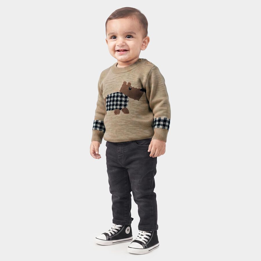Infants Beige Crew Neck Printed Pullover, गहरा पीला, large