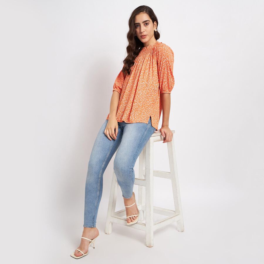 All Over Print Elbow Sleeve Top, Orange, large image number null