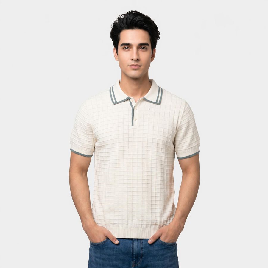 Men's Off White Cotton Polo Neck Polo T-Shirt, ऑफ व्हाइट, large