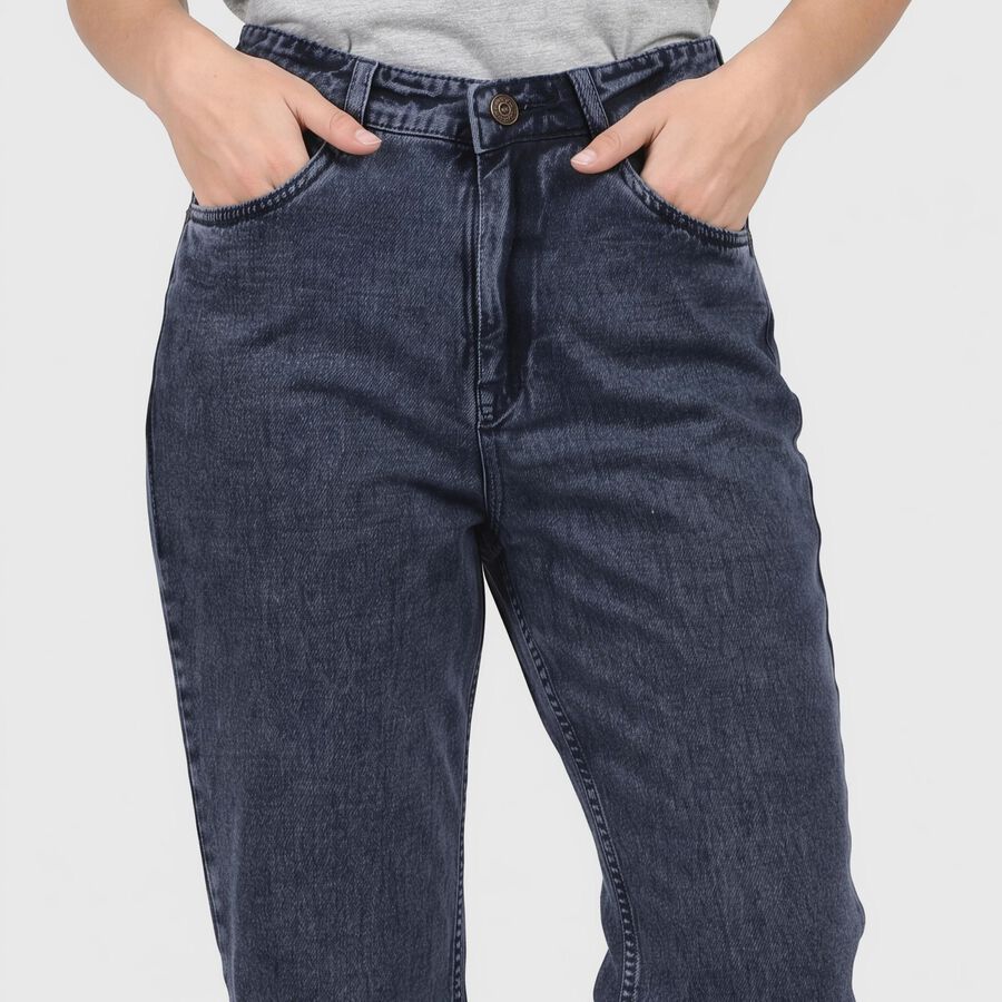 Women's Navy Blue Straight Fit Washed Jeans, मध्यम नीला, large