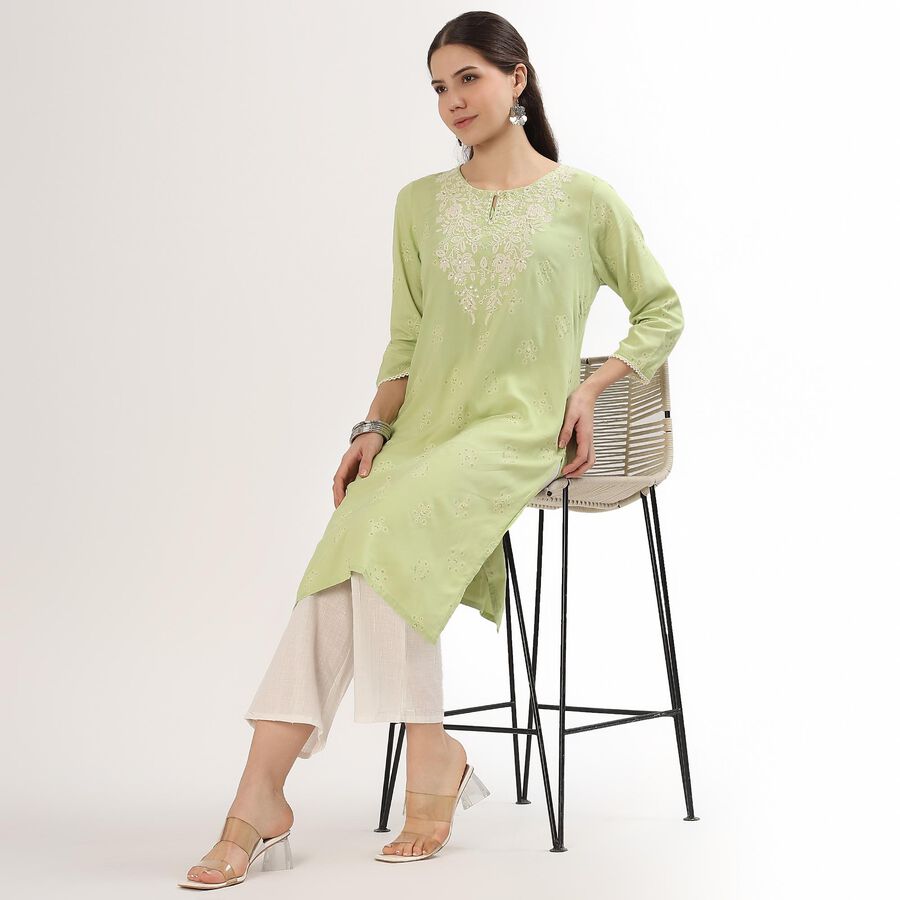 Women's Light Sage Green Round Neck Embroidered Kurta, Light Green, large image number null