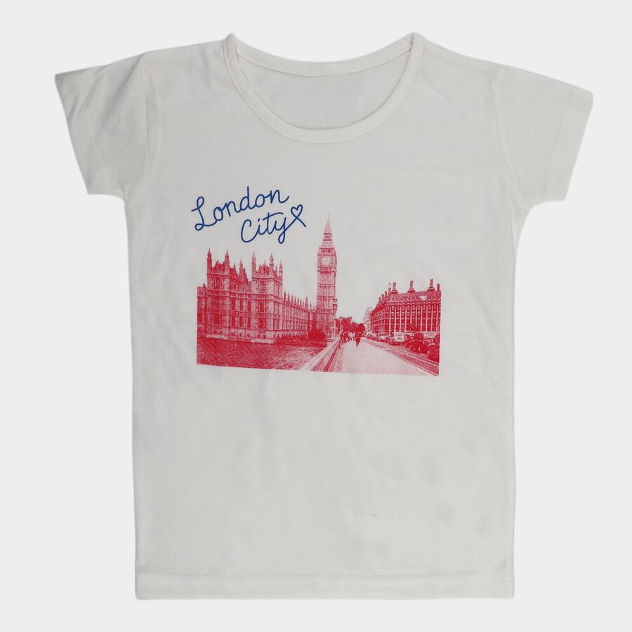 Girls' White Round Neck Casual T-Shirt, ऑफ व्हाइट, large