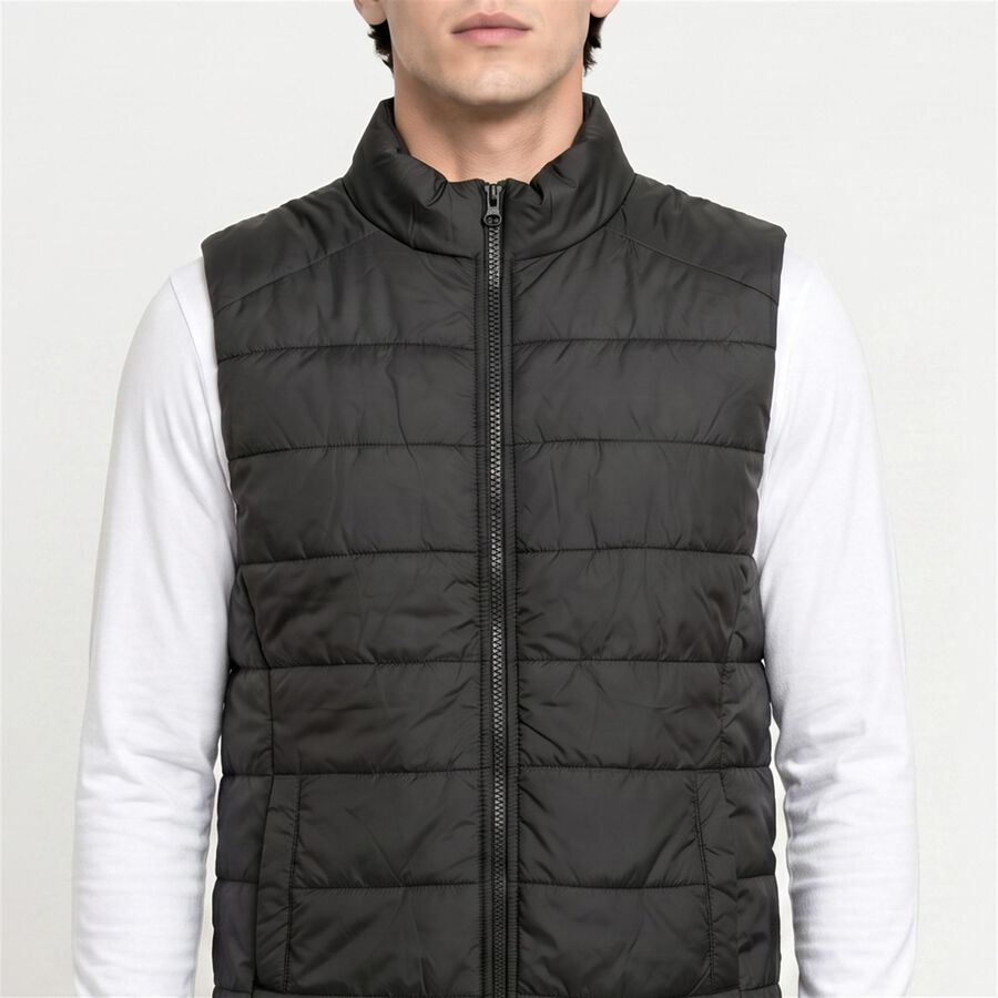 Men's Black Stand Collar Puffer Jacket, Black, large