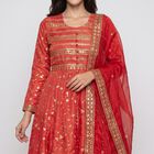 Women's Fuchsia Round Neck Embellished Ethnic Set, रानी (फ्यूशिया), small