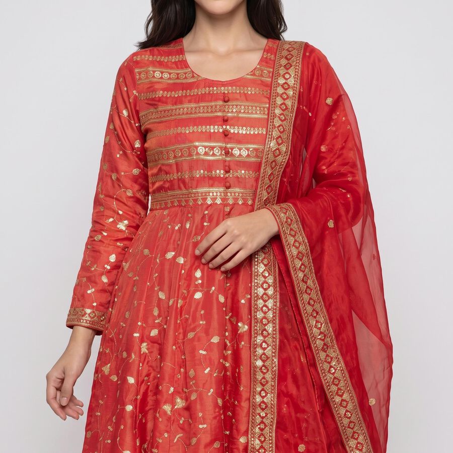 Women's Fuchsia Round Neck Embellished Ethnic Set, रानी (फ्यूशिया), large