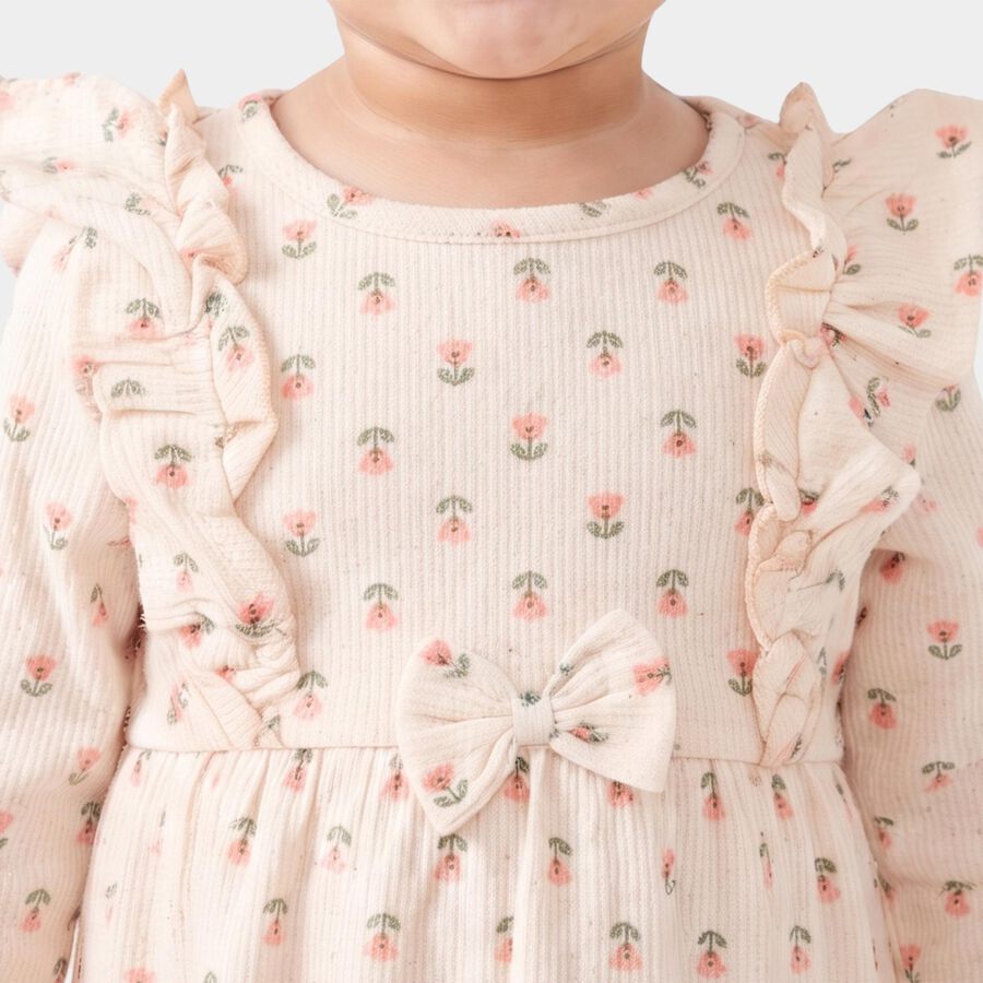 Infants' Beige Fit and Flare Floral Printed Frock, Beige, large
